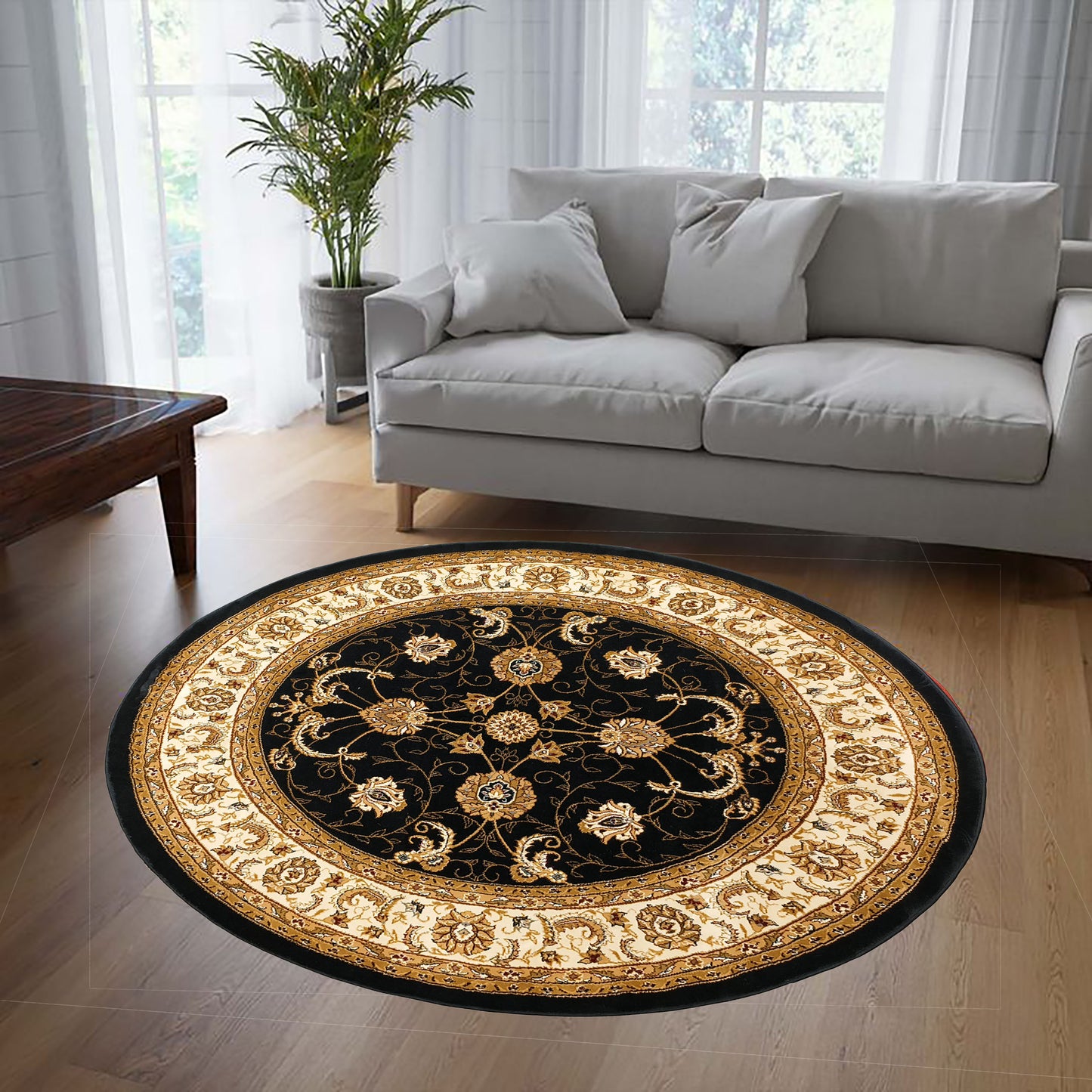 Black Cream Round Traditional Carpet