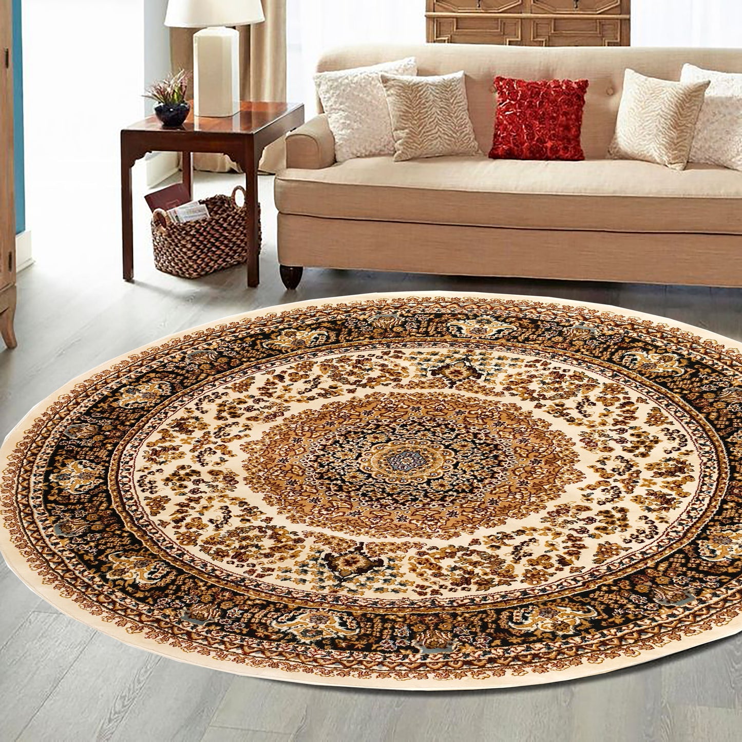 Cream Black Round Traditional Carpet
