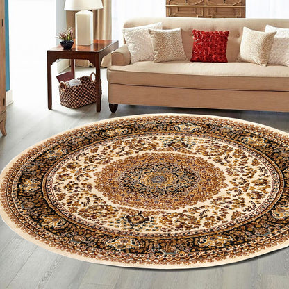 Cream Black Round Traditional Carpet