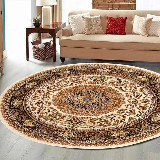 Cream Black Round Traditional Carpet