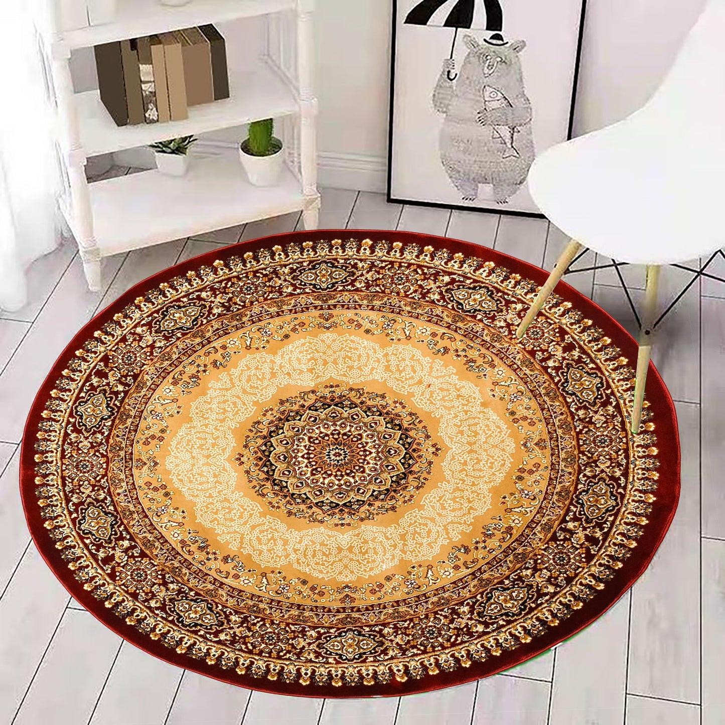 Beige Red Round Traditional Carpet