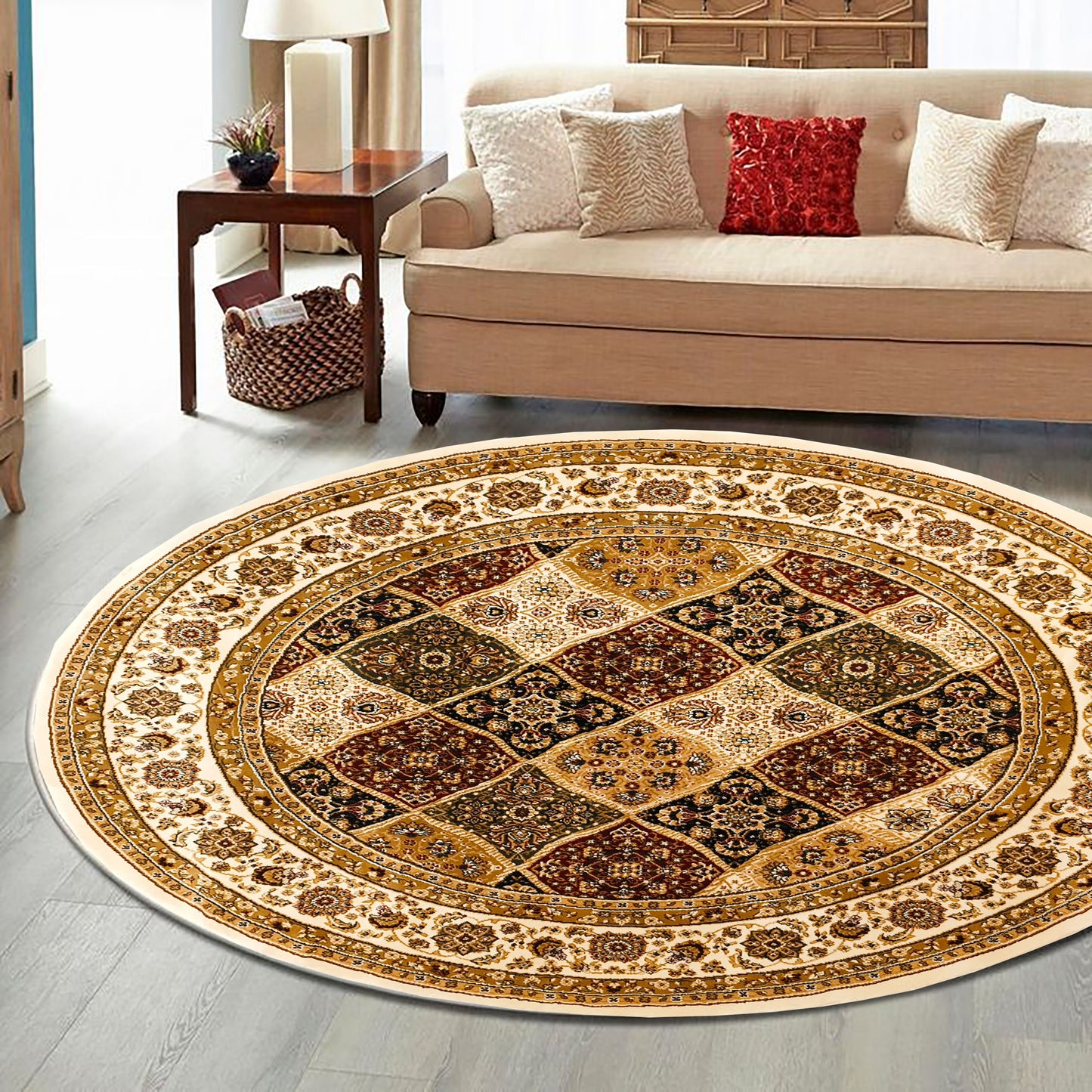 Cream Cream Round Traditional Carpet