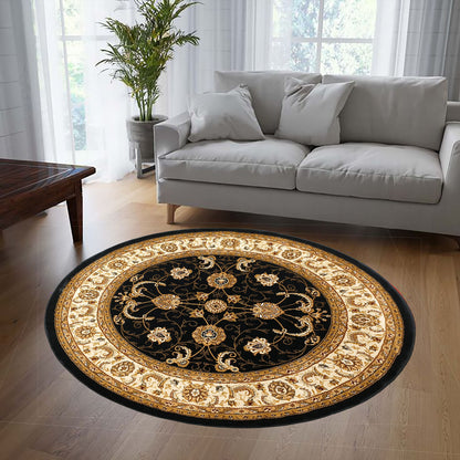 Black Cream Round Traditional Carpet
