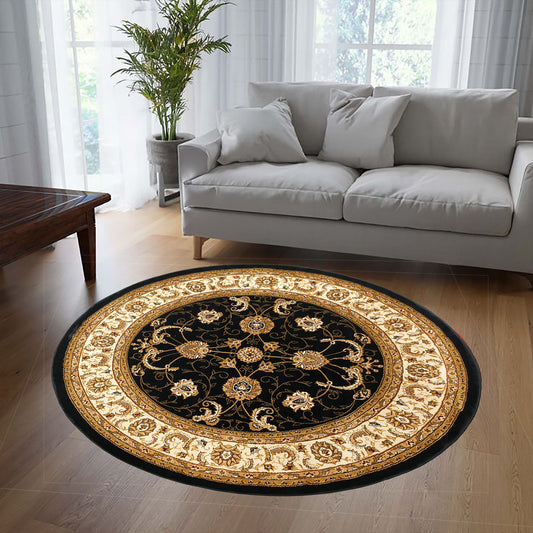 Black Cream Round Traditional Carpet