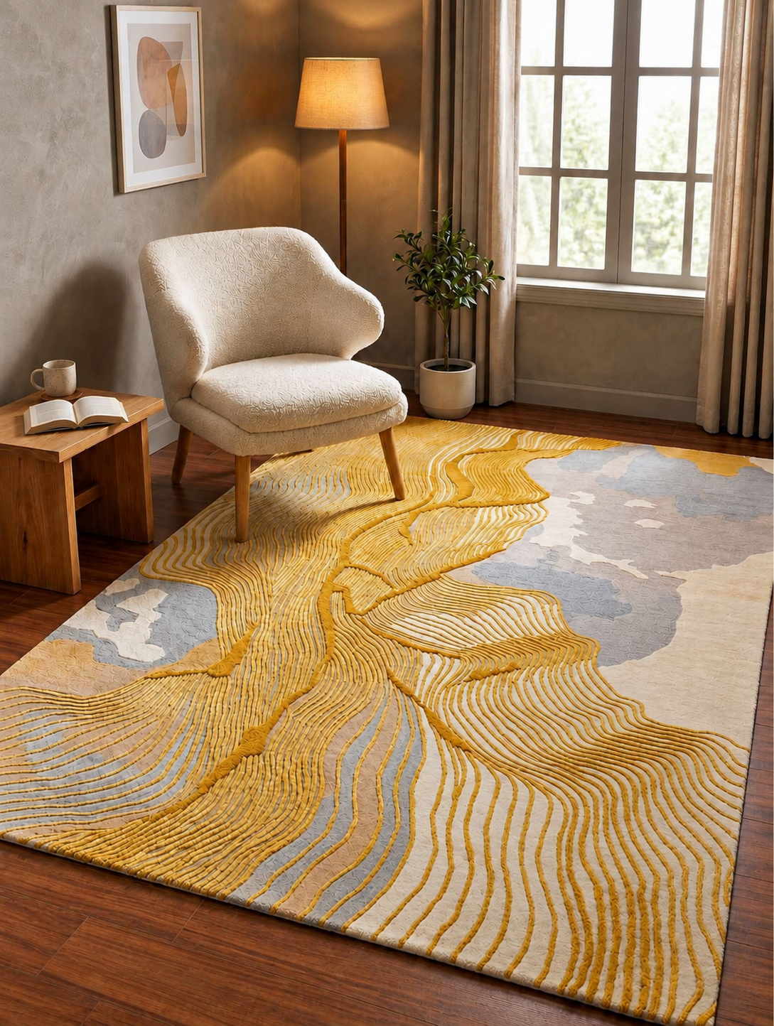 Galicha Modern Abstract Hand-Tufted Rug – Gold & Grey Designer Carpet