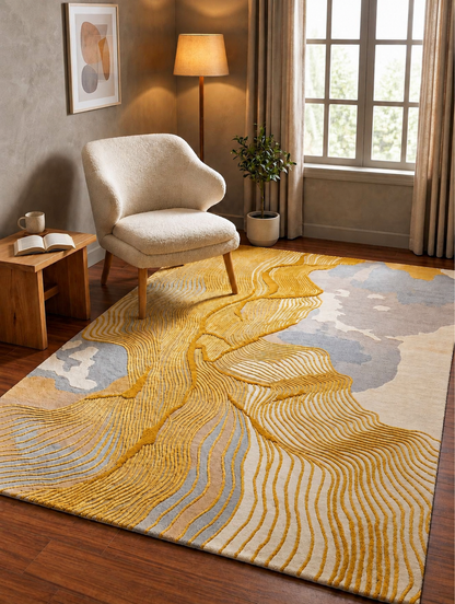 Galicha Modern Abstract Hand-Tufted Rug – Gold & Grey Designer Carpet