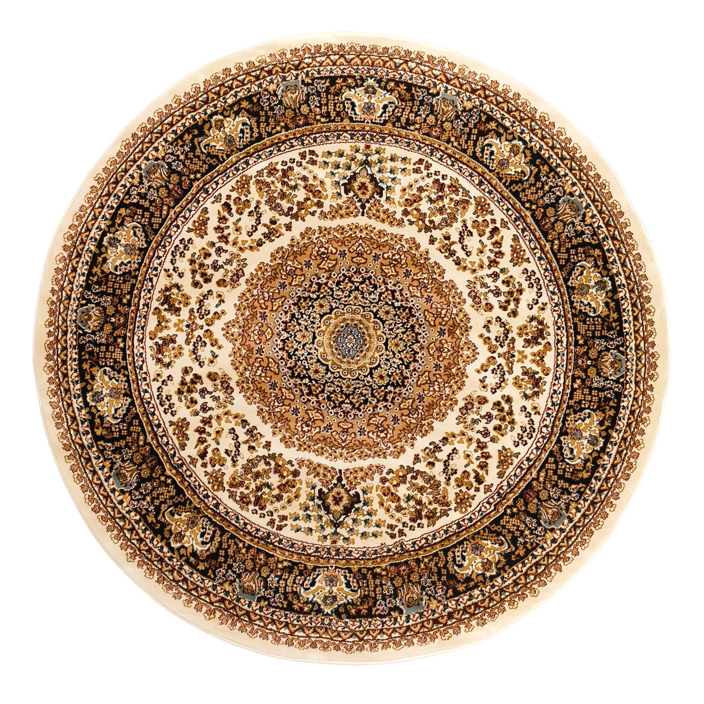 Cream Black Round Traditional Carpet